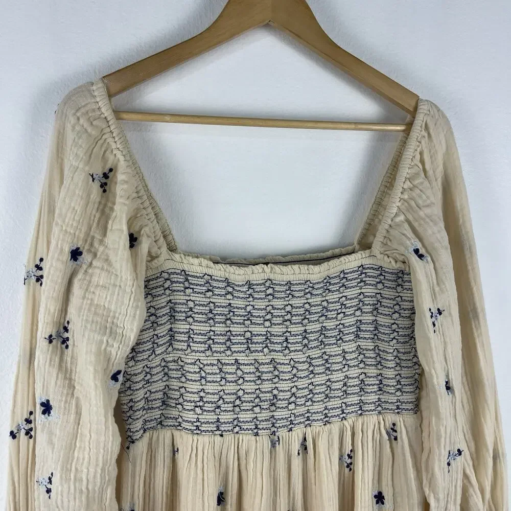 FREE PEOPLE Dahlia Embroidered Jumpsuit Women's Medium Washed Out Cream Gauze